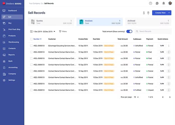 Sales invoice list view